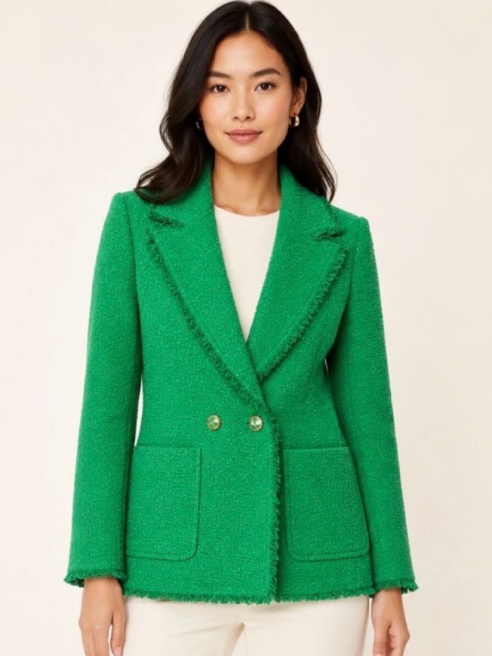 Kate Spade New York Kelly Green Tweed Frayed Edge Sequins Blazer Size 2 Chic New